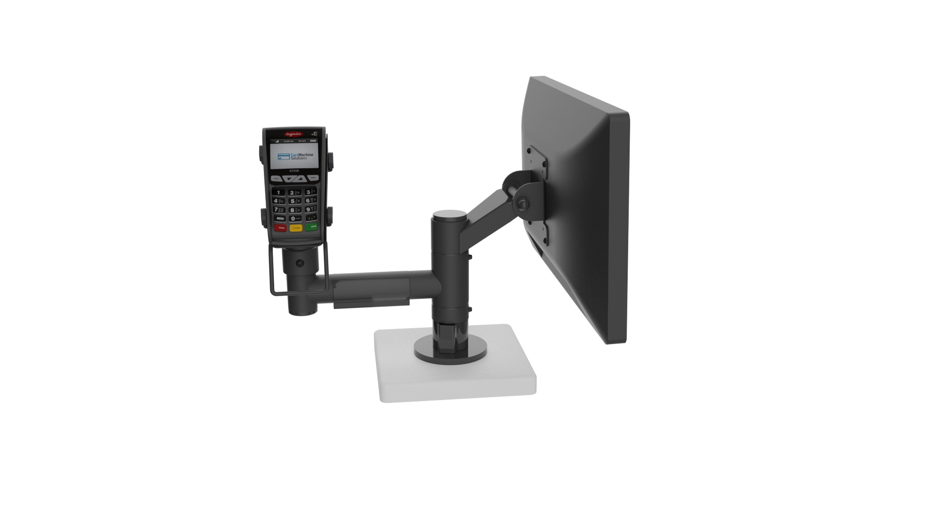 POS mounting solution with an arm and an anguled VESA.
