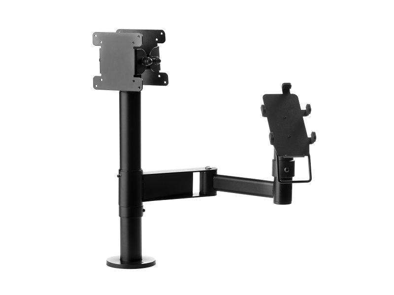 Ergonomic stand with an articulated arm and double VESA for screens or monitors.