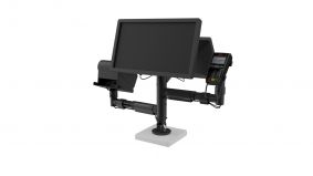 POS modular mount with two VESA stands and two arms. | Point of sale mounting solutions at the point of sale in black colour