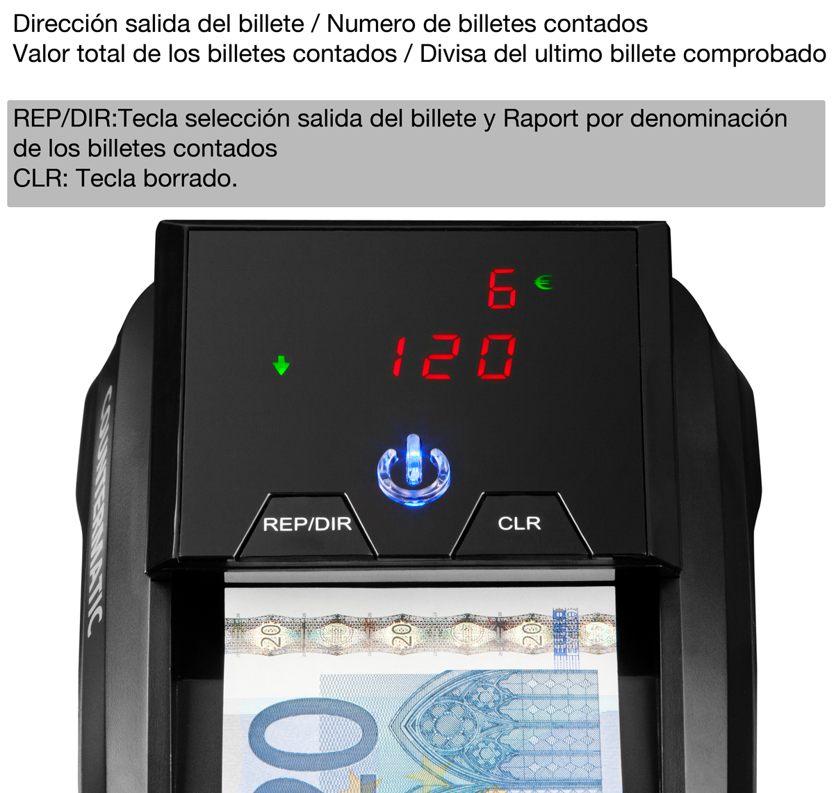 Detector de billetes falsos para Dólares Americanos, Euro, Libra Esterlina y Franco Suizo