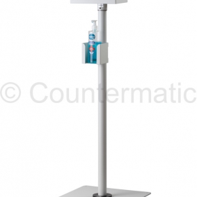Hydroalcoholic gel dispenser stand for pharmaceutical environments.