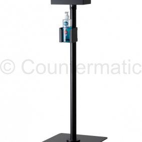 Black hydroalcoholic gel dispenser stand for offices and work environments.